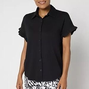 Belle Kim Gravel Large Black Packabelle Ruffle Sleeve Button Up Shirt A687805